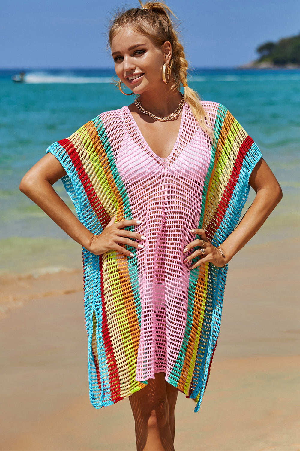 Openwork Striped Slit Knit Cover Up