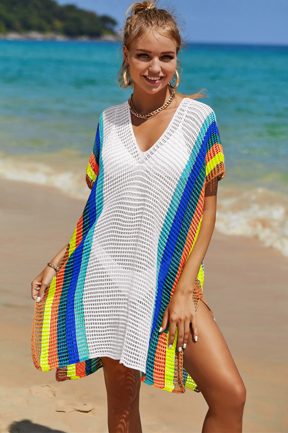 Openwork Striped Slit Knit Cover Up