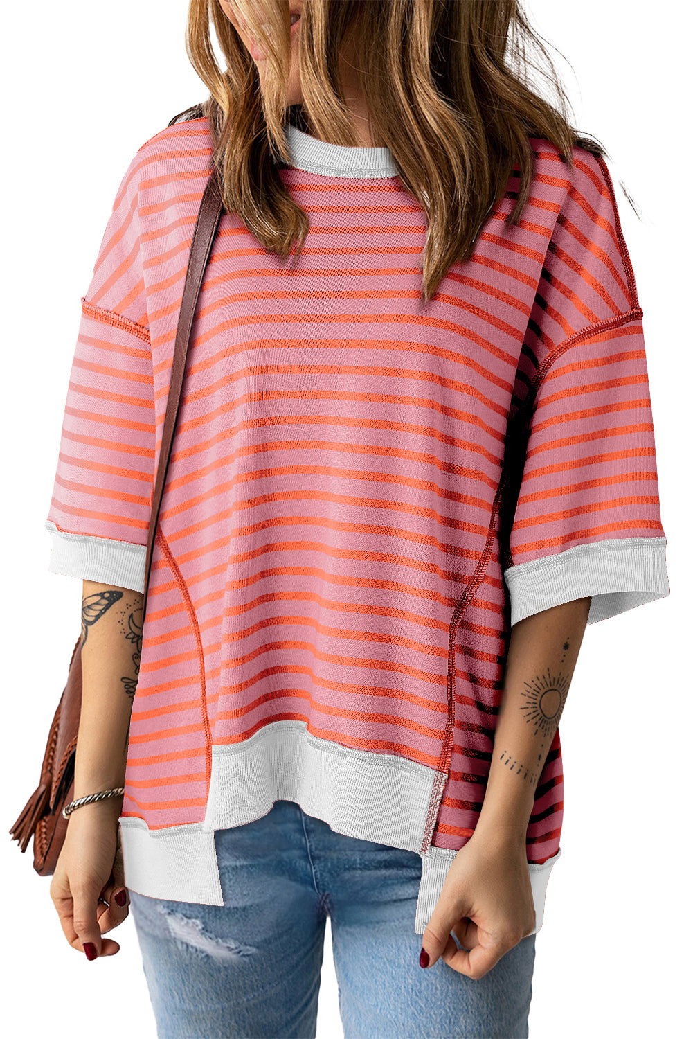 Pink Stripe Colorblock Drop Sleeve Loose Top