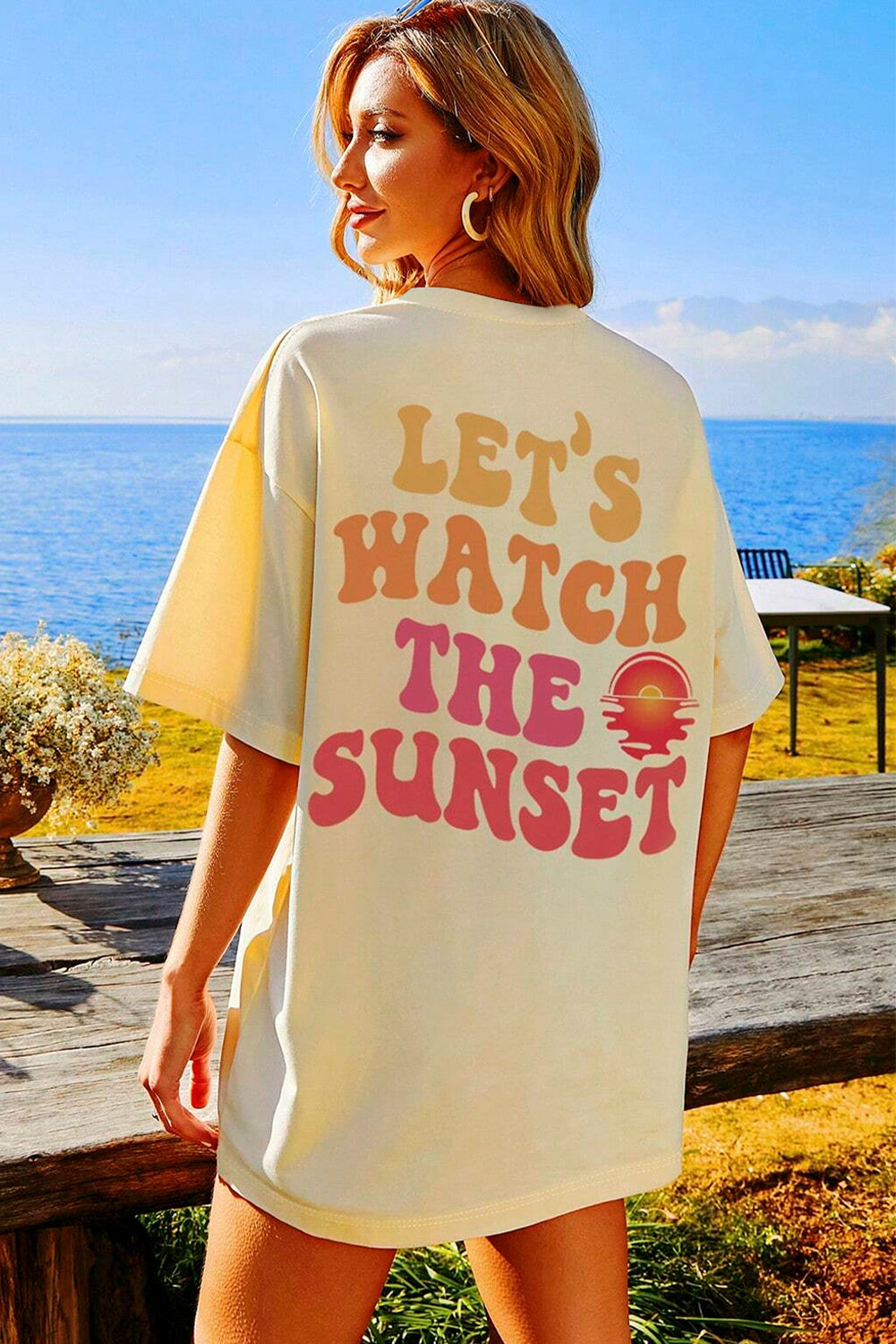 Yellow Cream LET'S WATCH THE SUNSET Print Half Sleeve Long Tee