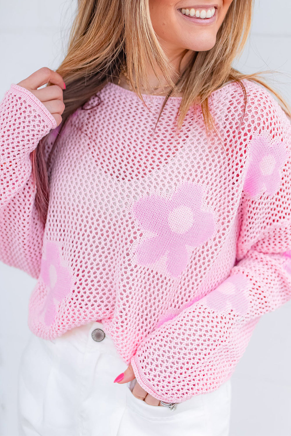 Light Pink Flower Drop Shoulder Hollow Knit Top