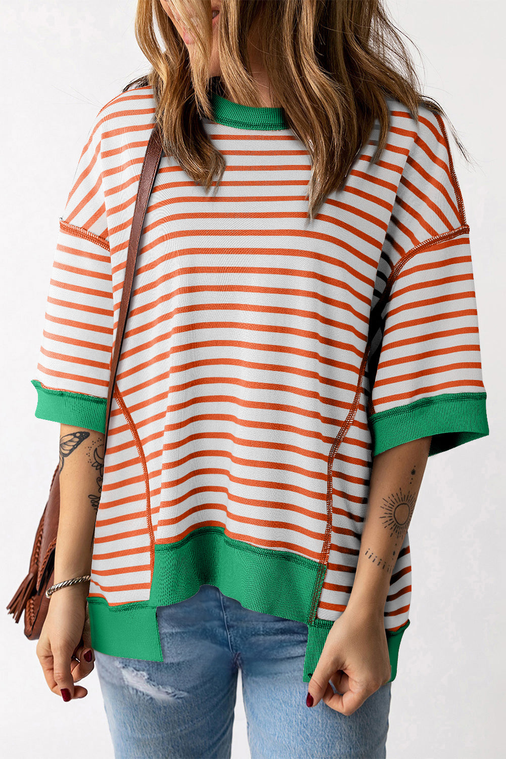 Pink Stripe Colorblock Drop Sleeve Loose Top