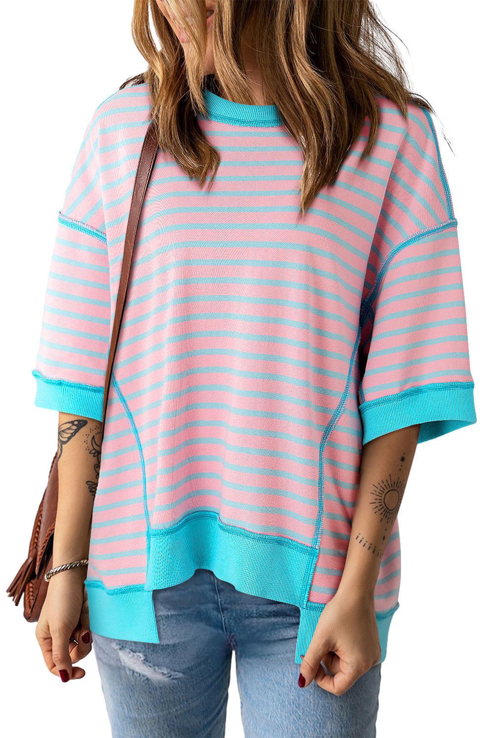 Pink Stripe Colorblock Drop Sleeve Loose Top