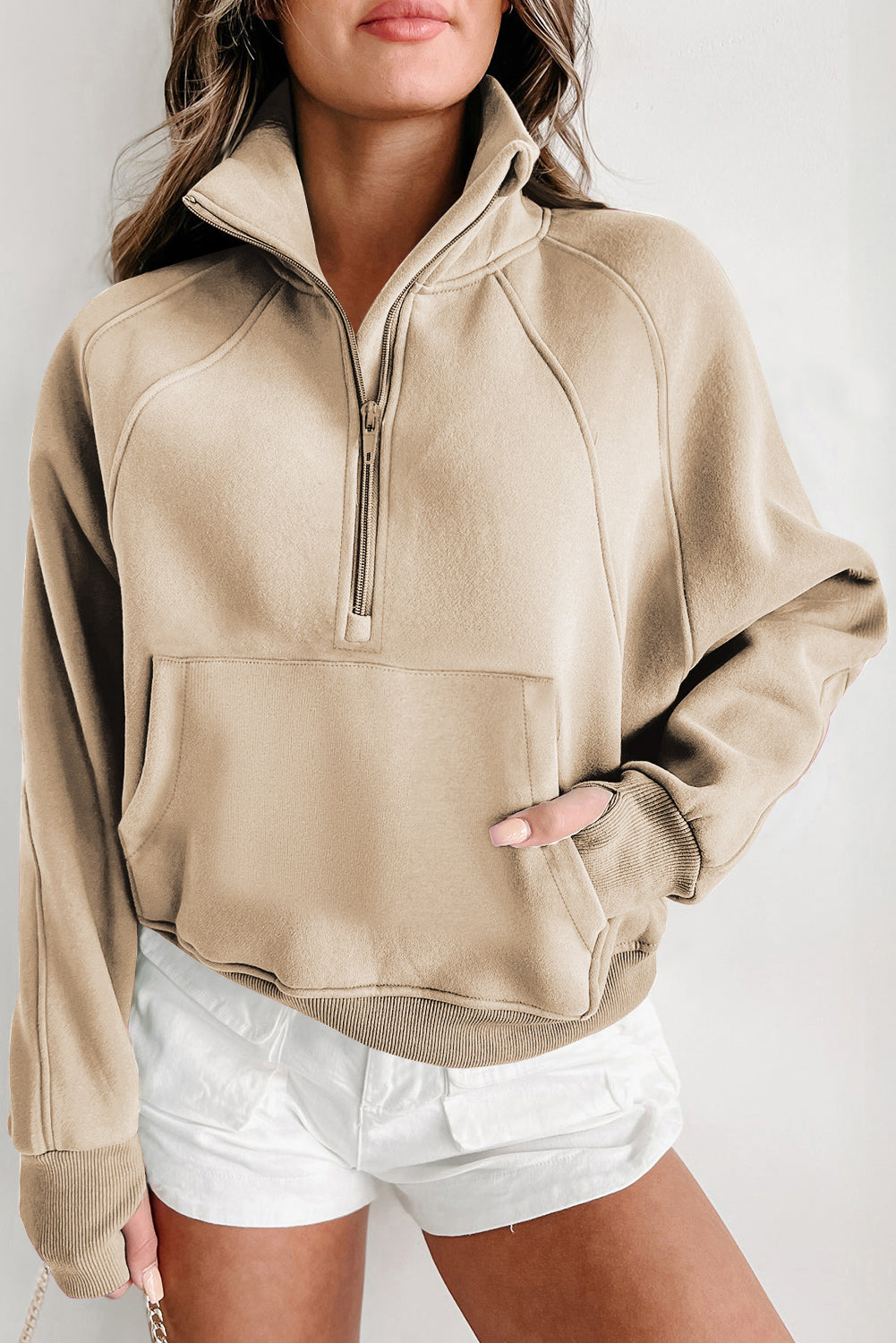 Bonbon Zip Up Stand Collar Ribbed Thumbhole Sleeve Sweatshirt