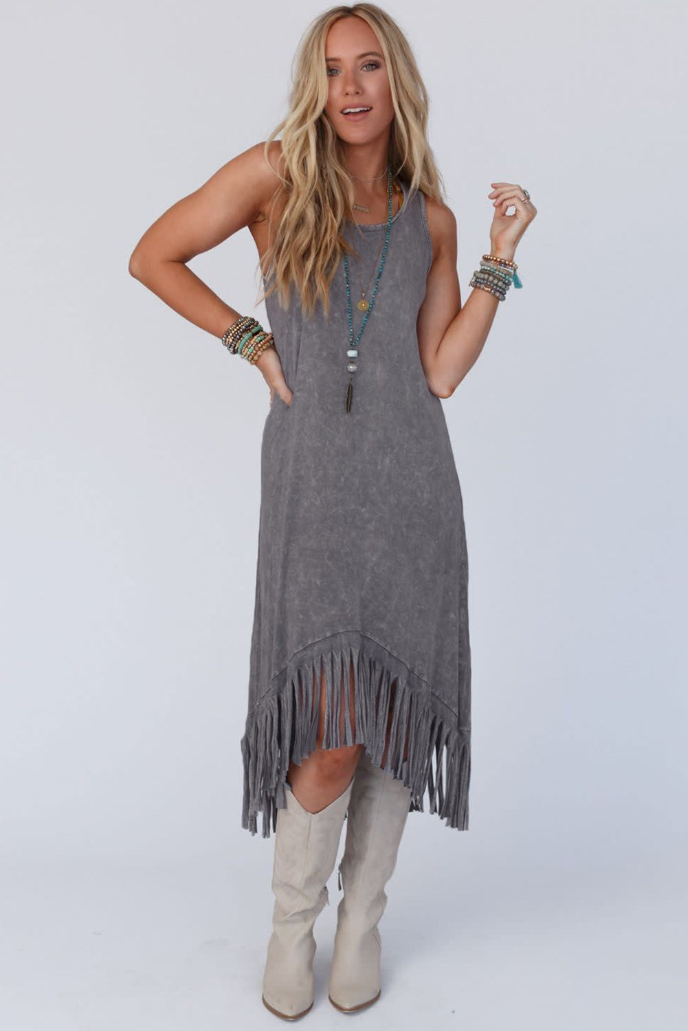 Gray Washed Sleeveless Fringe High Low Hem Maxi Dress