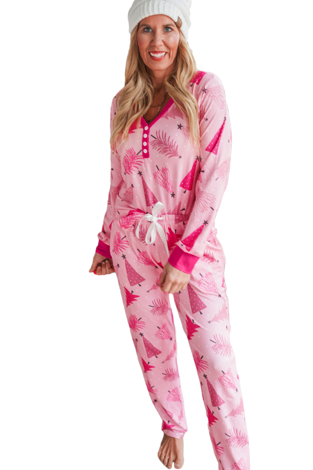 Pink Christmas Tree Print V Neck Buttoned Pullover and Pants Pajama Set