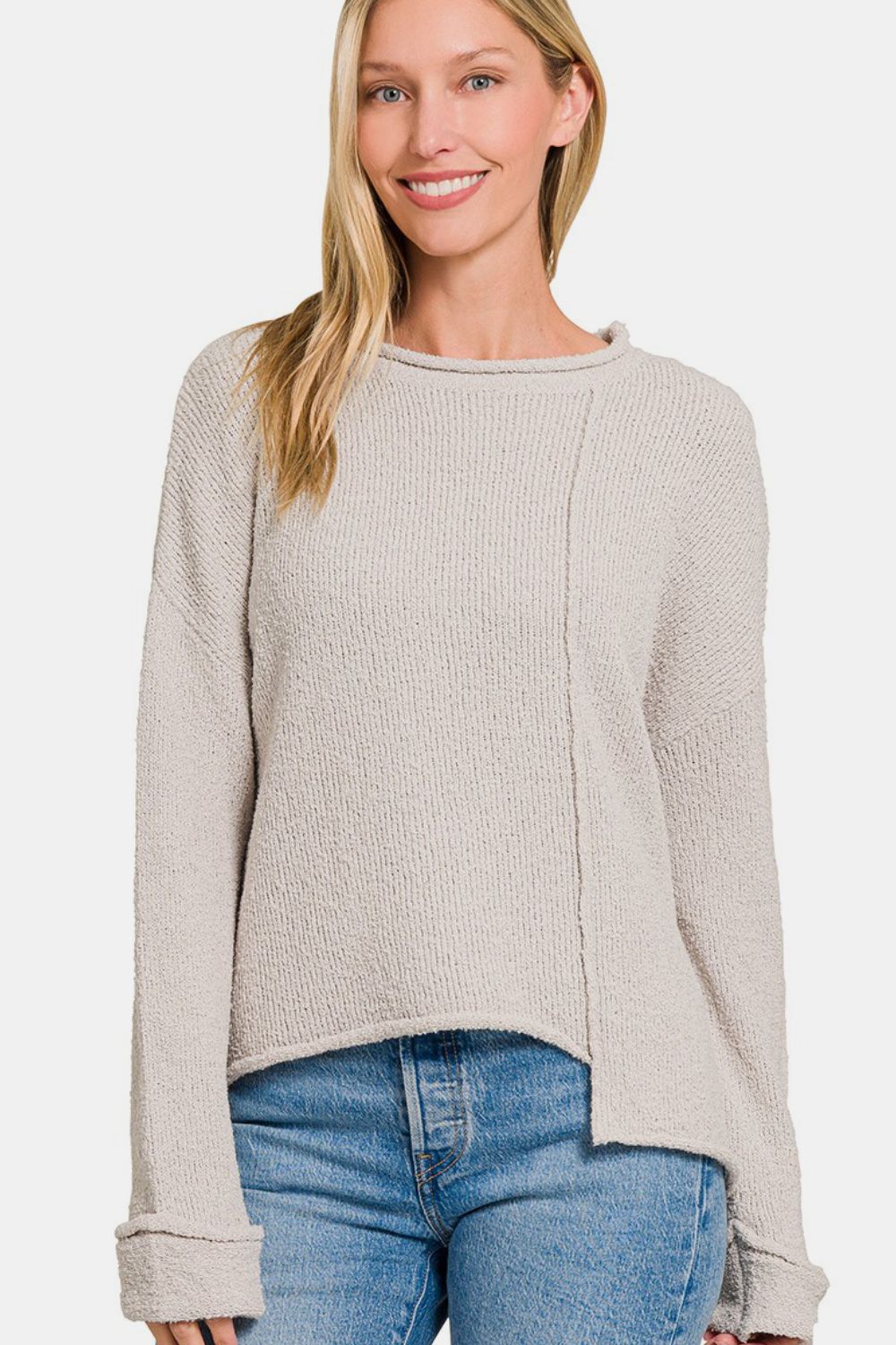 Zenana Asymmetric Hem Drop Shoulder Sweater