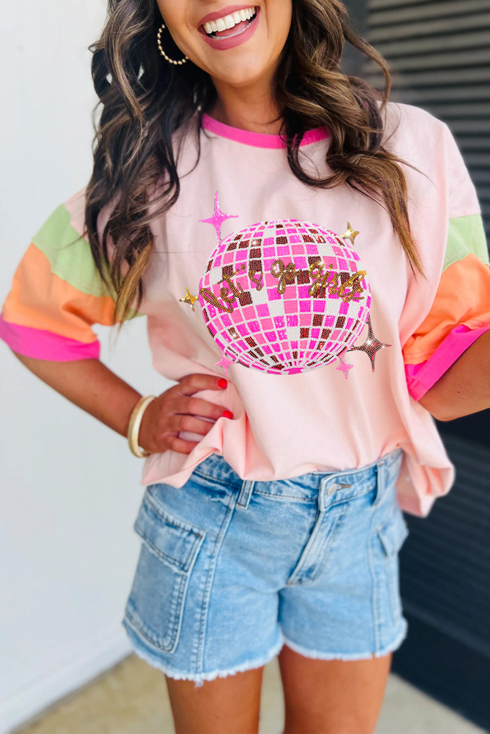 Pink Sequin Plaid Disco Light Ball Graphic Color Block Sleeve Tee