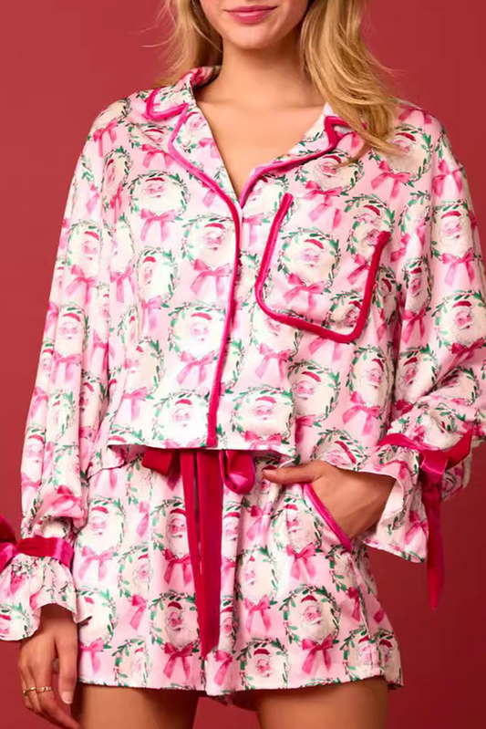 Rose Red Santa Claus Velvet Bow Long Sleeve Satin Loungewear Set Available 10/29/24