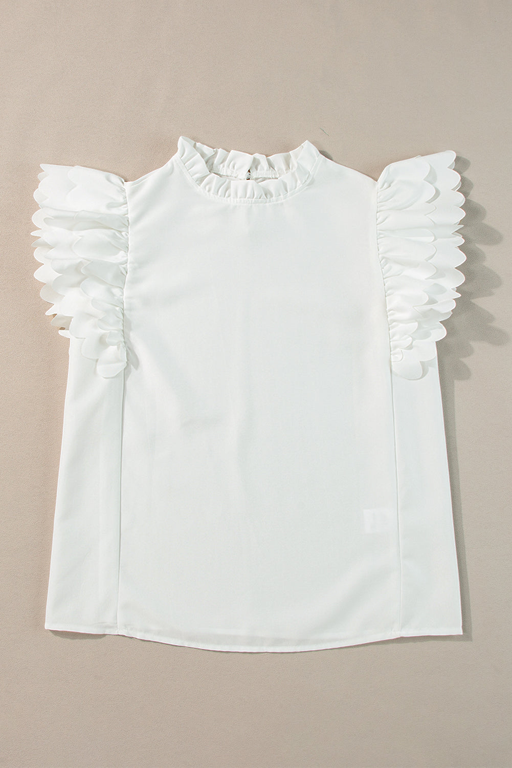 White Solid Color Scalloped Ruffle Sleeve Blouse