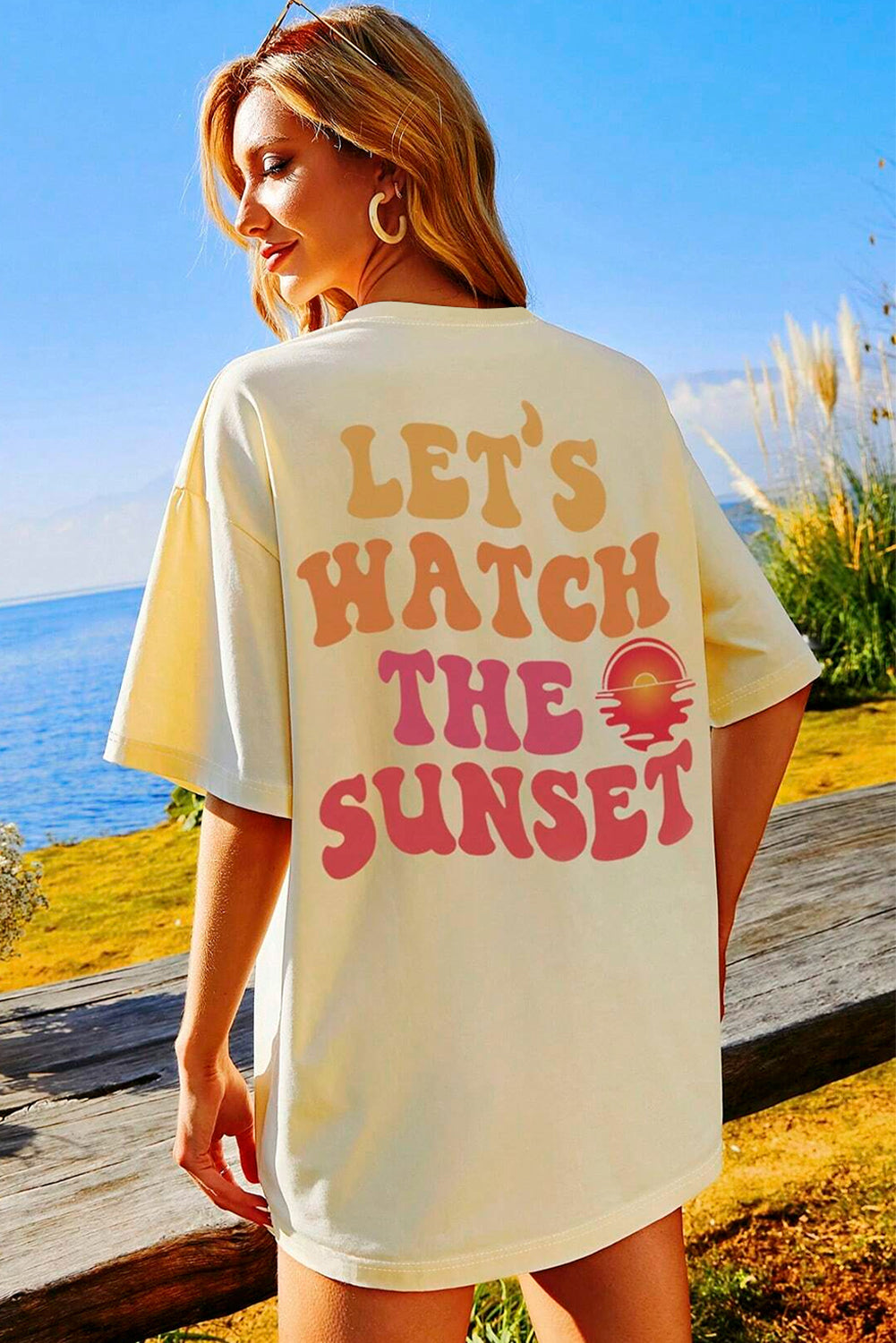 Yellow Cream LET'S WATCH THE SUNSET Print Half Sleeve Long Tee