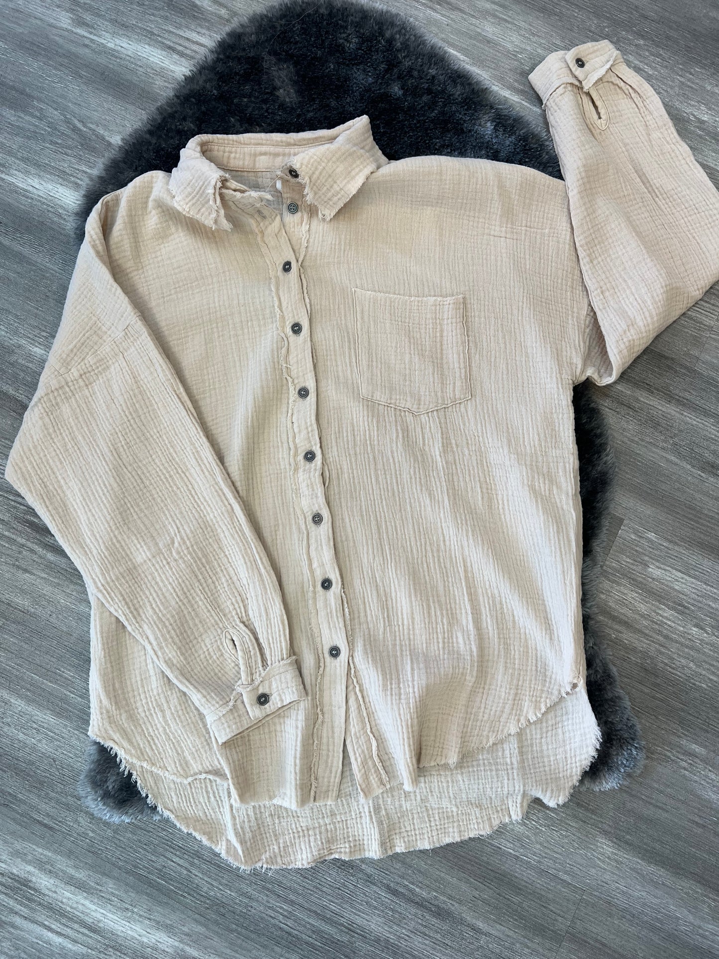 Zenana Distressed Light Weight Button Up