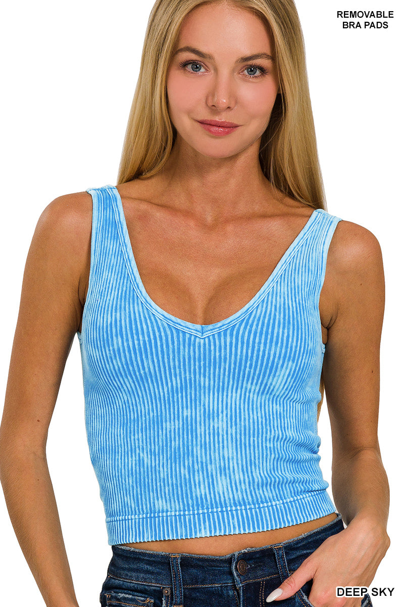 WASHED RIBBED CROPPED BRA PADDED V-NECK TANK TOP