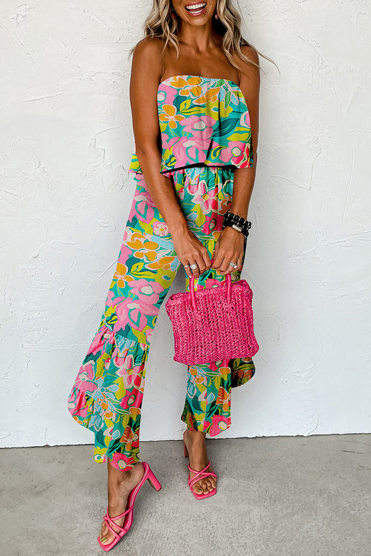 Wholesale Green Mix Tropical Print Strapless Ruffle Jumpsuit
