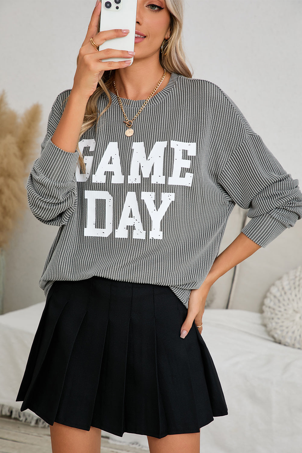 Bluing Corded GAME DAY Graphic Long Sleeve Top