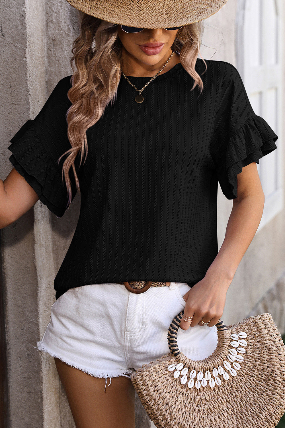 Black Solid Color Layered Ruffle Sleeve Textured Blouse