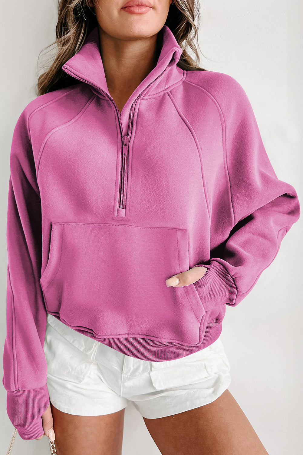 Bonbon Zip Up Stand Collar Ribbed Thumbhole Sleeve Sweatshirt