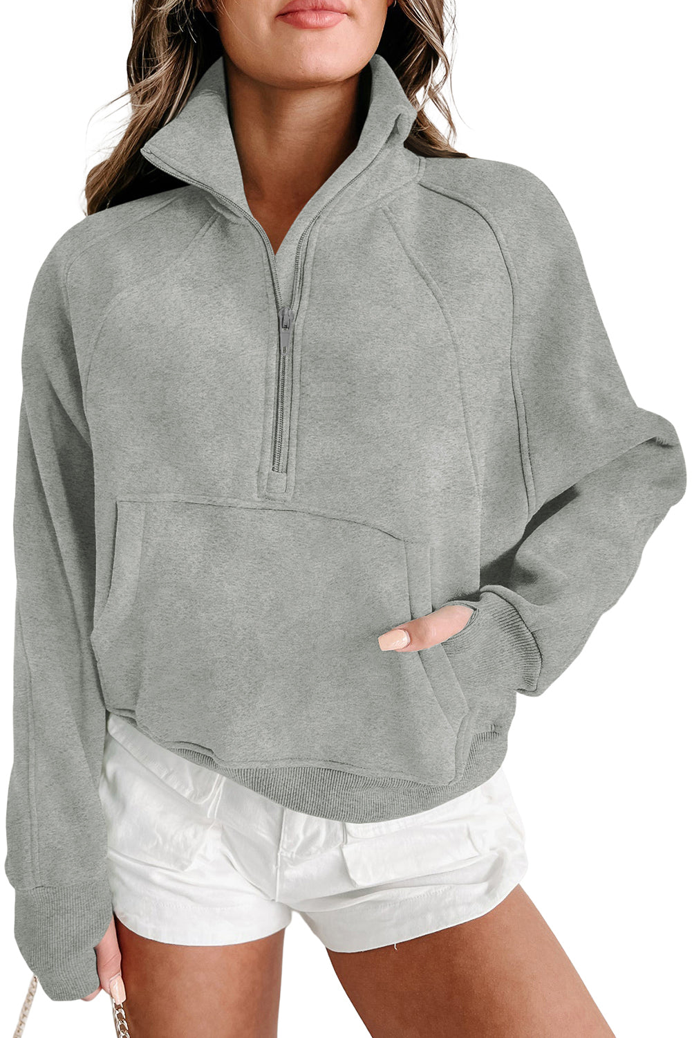 Bonbon Zip Up Stand Collar Ribbed Thumbhole Sleeve Sweatshirt