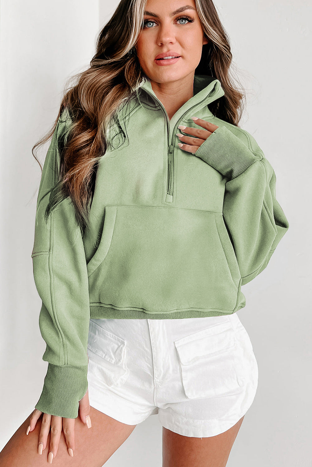 Bonbon Zip Up Stand Collar Ribbed Thumbhole Sleeve Sweatshirt