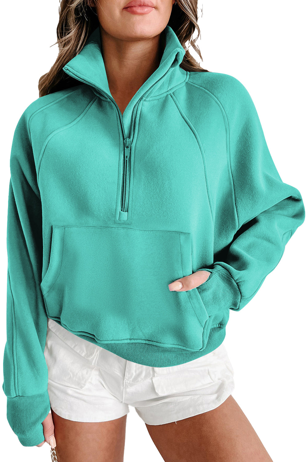 Bonbon Zip Up Stand Collar Ribbed Thumbhole Sleeve Sweatshirt