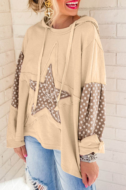 Apricot Floral Patchwork Star Pattern Drawstring Hoodie