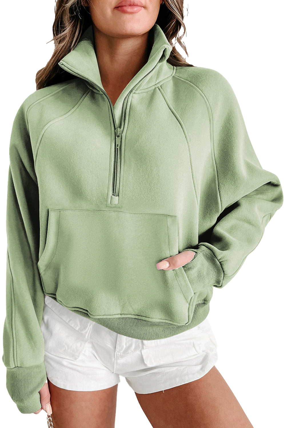 Bonbon Zip Up Stand Collar Ribbed Thumbhole Sleeve Sweatshirt