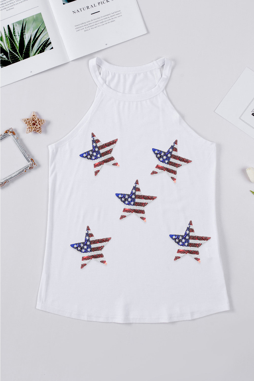 White Sequin American Flag Star Graphic Tank Top