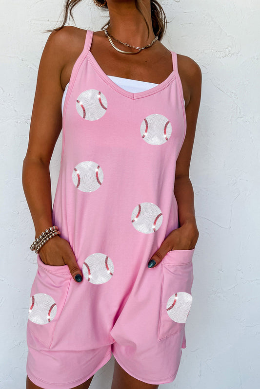 Pink Sequin Baseball Graphic Pocketed Sleeveless Romper