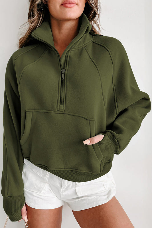 Bonbon Zip Up Stand Collar Ribbed Thumbhole Sleeve Sweatshirt