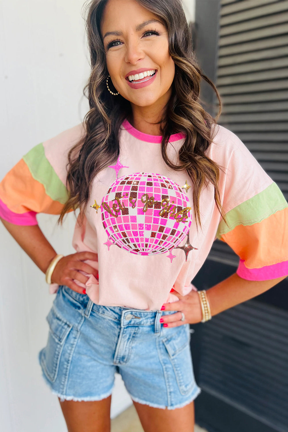 Pink Sequin Plaid Disco Light Ball Graphic Color Block Sleeve Tee