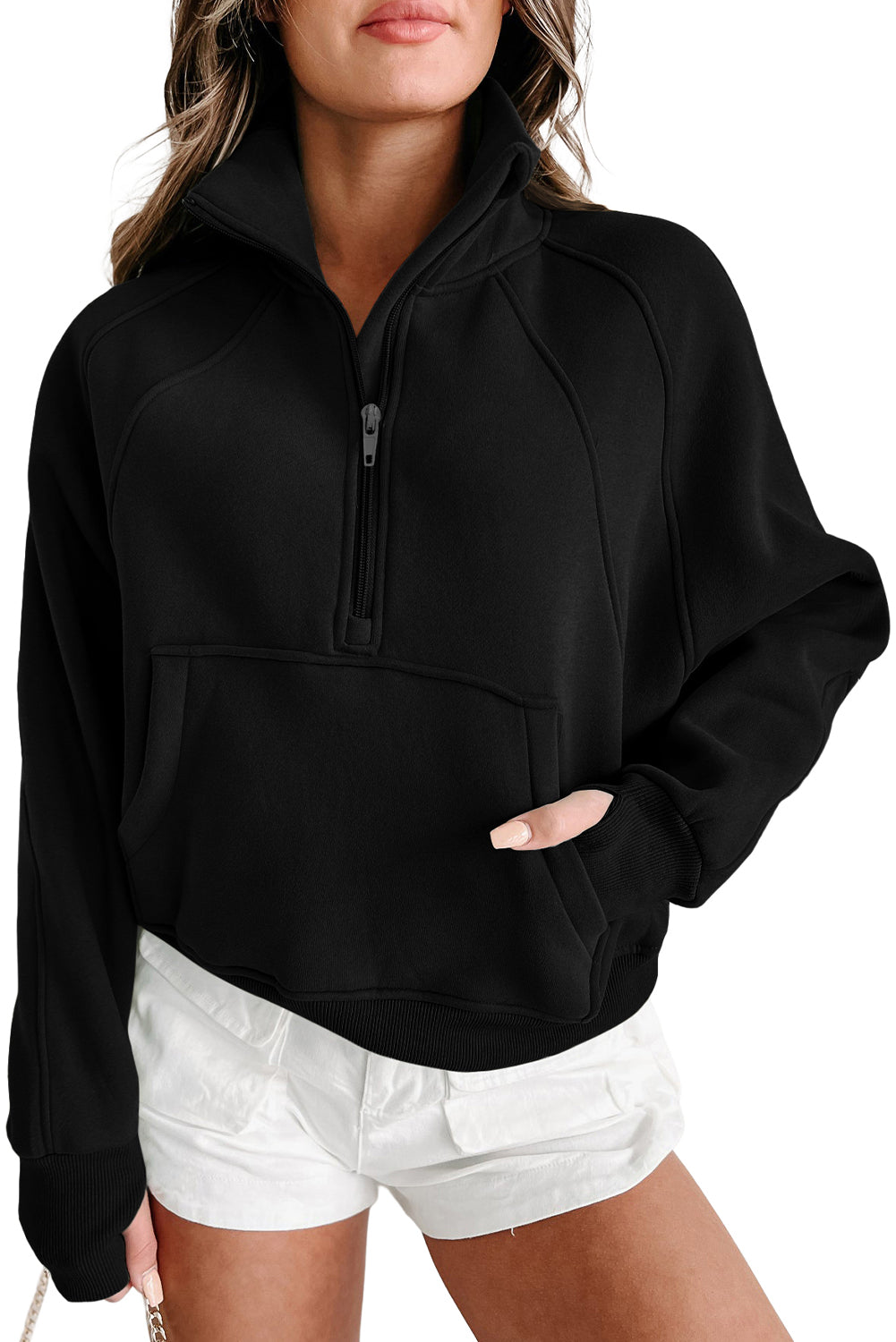 Bonbon Zip Up Stand Collar Ribbed Thumbhole Sleeve Sweatshirt