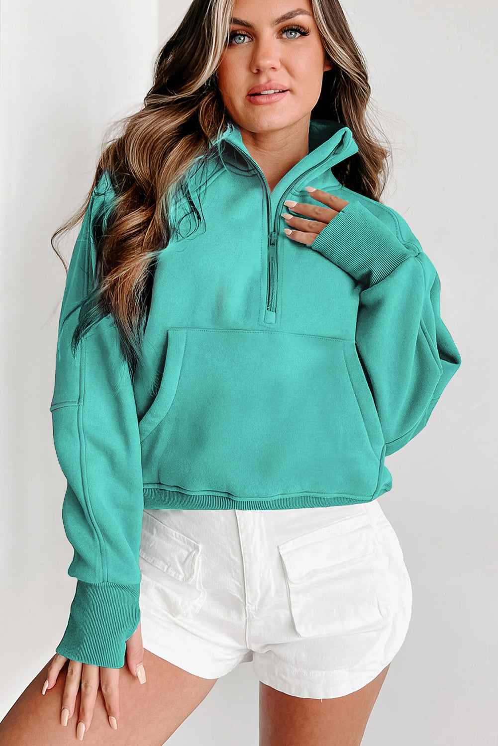 Bonbon Zip Up Stand Collar Ribbed Thumbhole Sleeve Sweatshirt