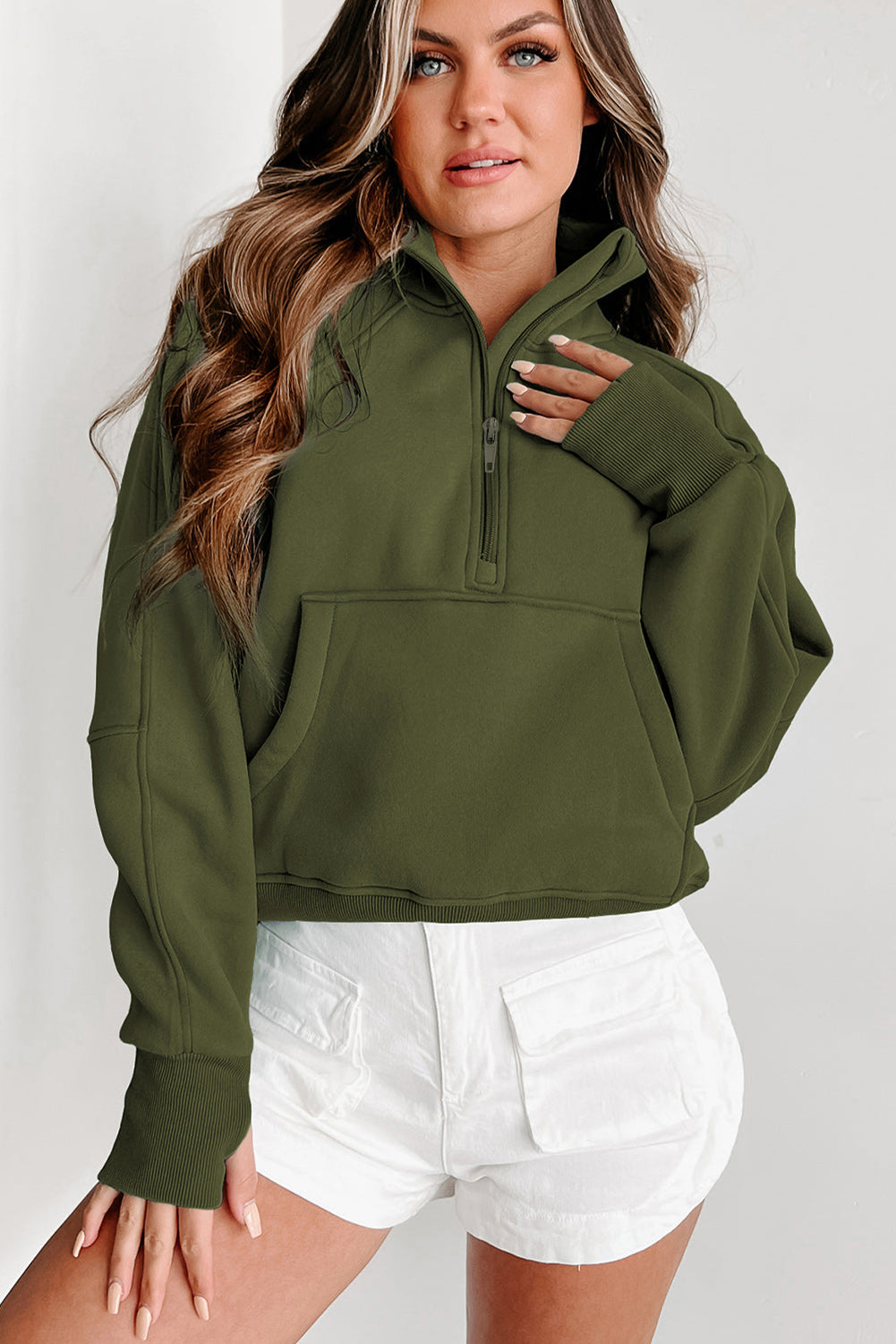 Bonbon Zip Up Stand Collar Ribbed Thumbhole Sleeve Sweatshirt