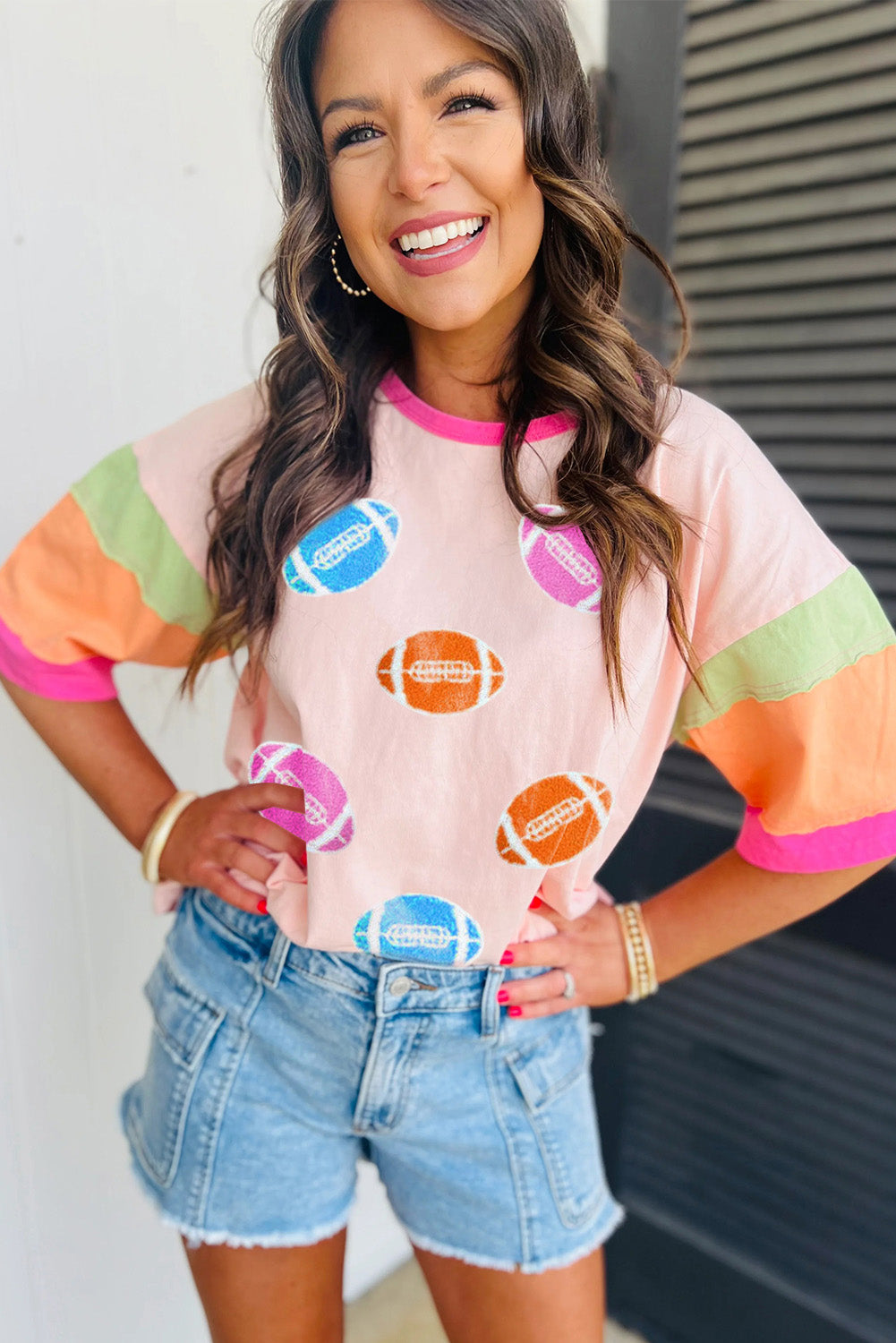 Pink Game Day Baseball Graphic Color Block Sleeve Tee