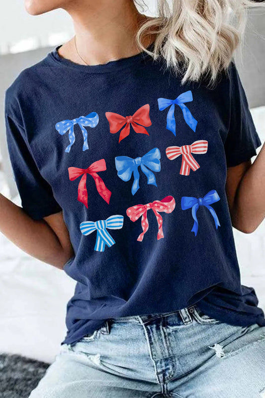 Blue American Flag Bow Knot Graphic Round Neck Tee