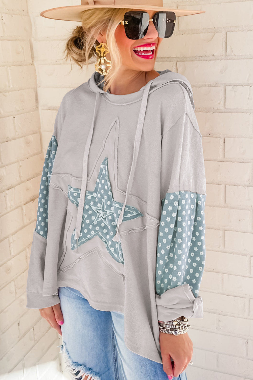 Apricot Floral Patchwork Star Pattern Drawstring Hoodie