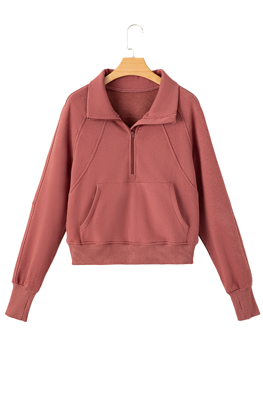 Bonbon Zip Up Stand Collar Ribbed Thumbhole Sleeve Sweatshirt