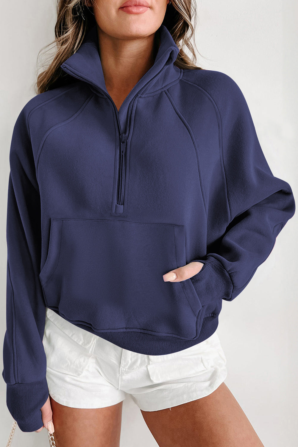 Bonbon Zip Up Stand Collar Ribbed Thumbhole Sleeve Sweatshirt