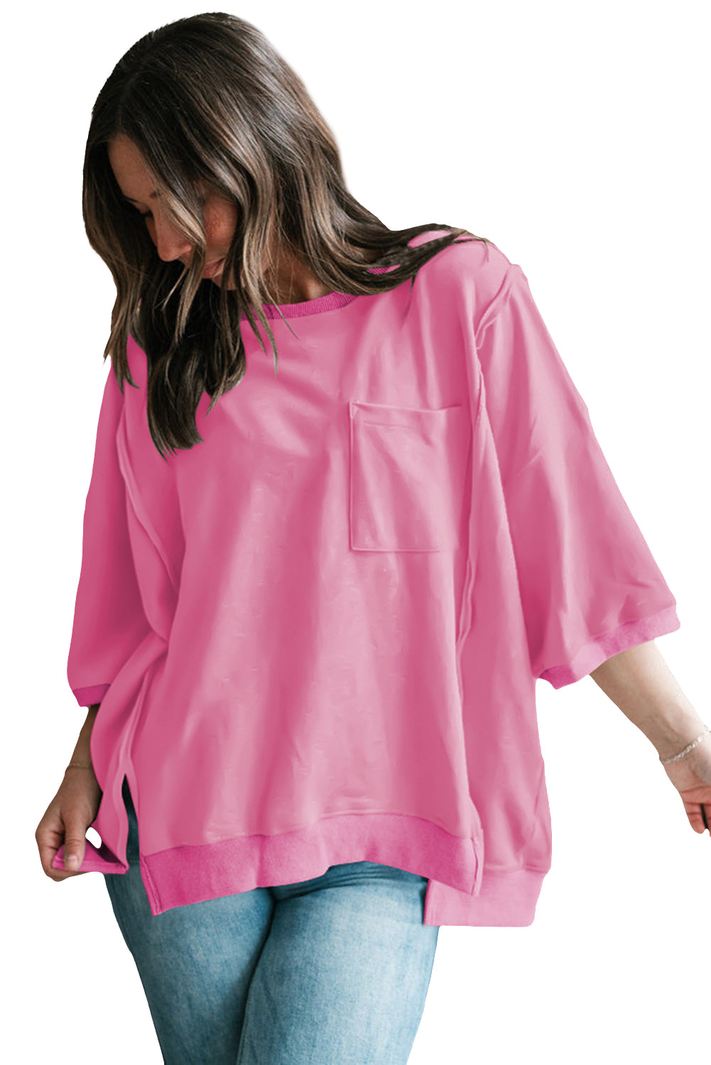 Bonbon Exposed Seam Pocket Side Split Loose T Shirt