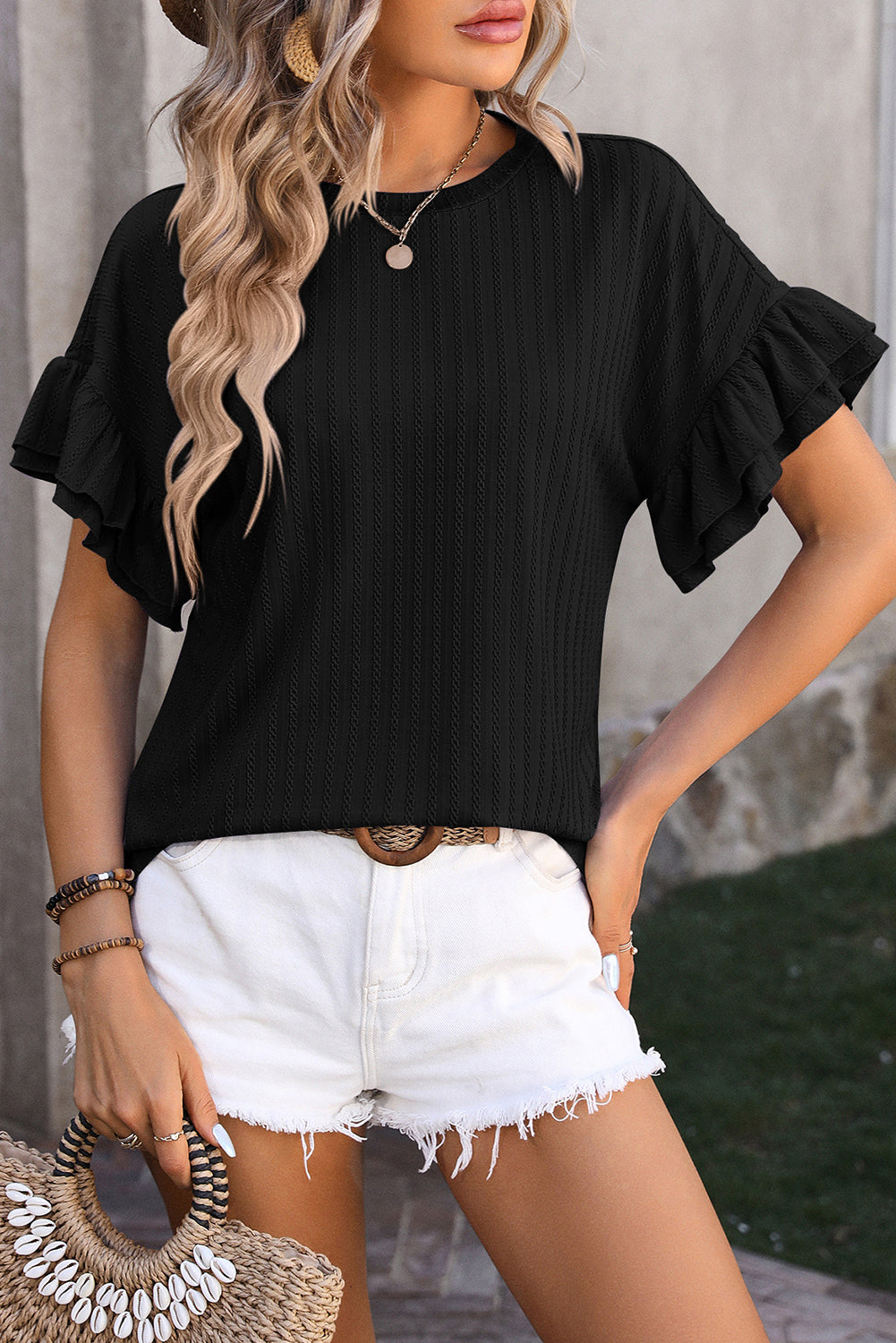 Black Solid Color Layered Ruffle Sleeve Textured Blouse