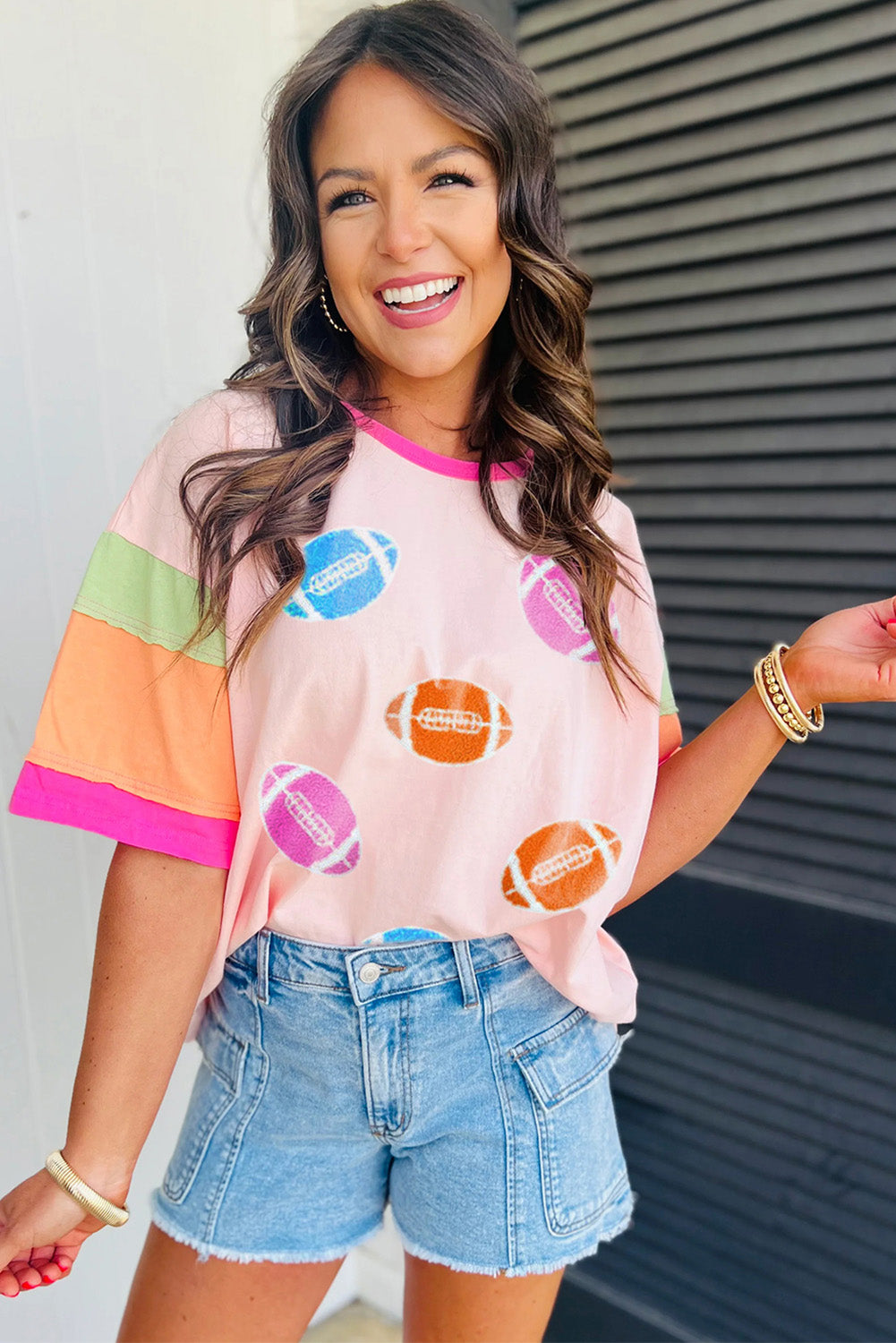 Pink Game Day Baseball Graphic Color Block Sleeve Tee