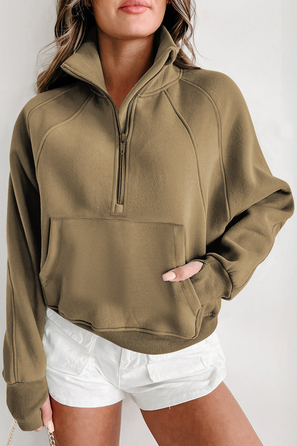 Bonbon Zip Up Stand Collar Ribbed Thumbhole Sleeve Sweatshirt