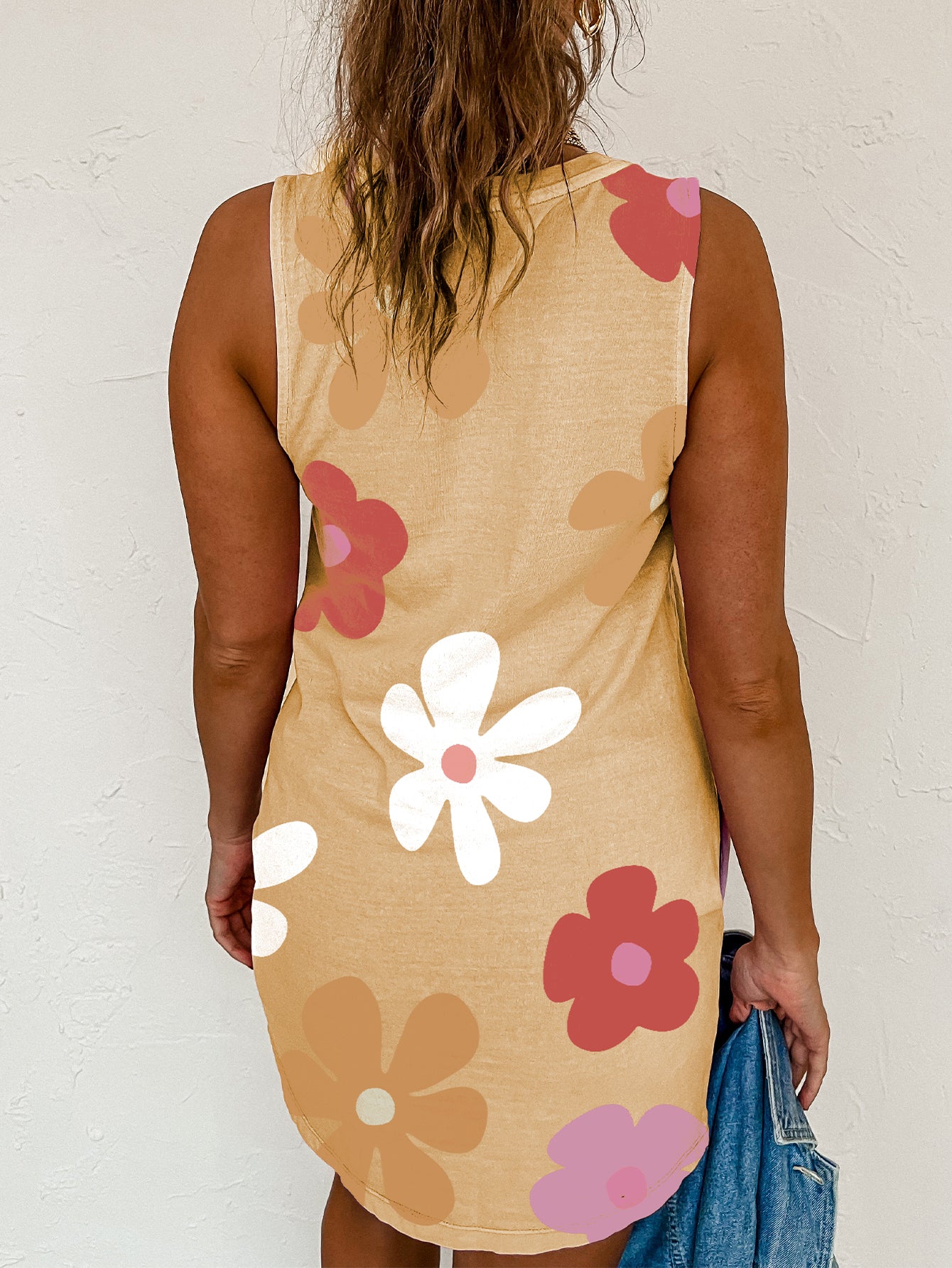 Apricot Flower Print Crew Neck Sleeveless Mini Dress