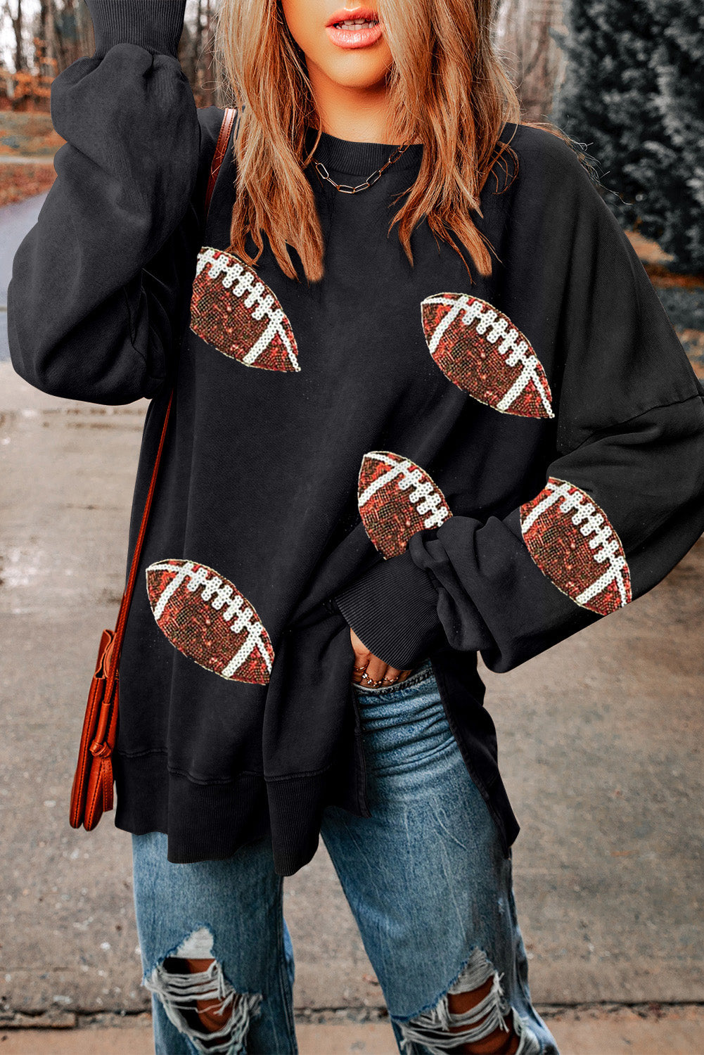 Sequin Football Patch Slit Sweatshirt