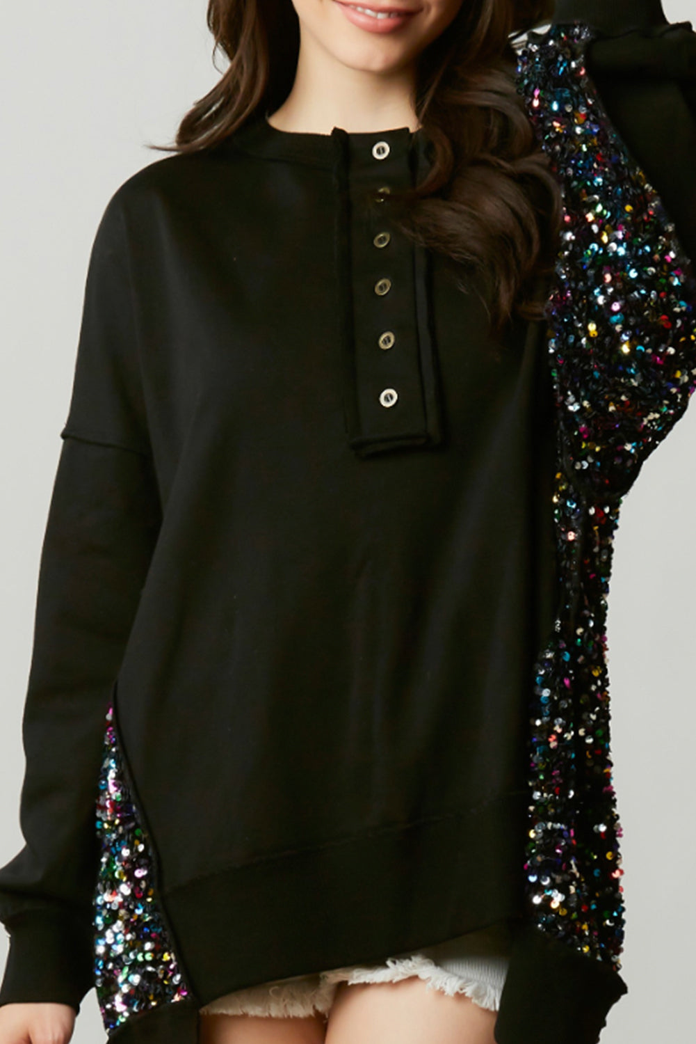 Bonbon Sequin Patchwork Henley Sweatshirt