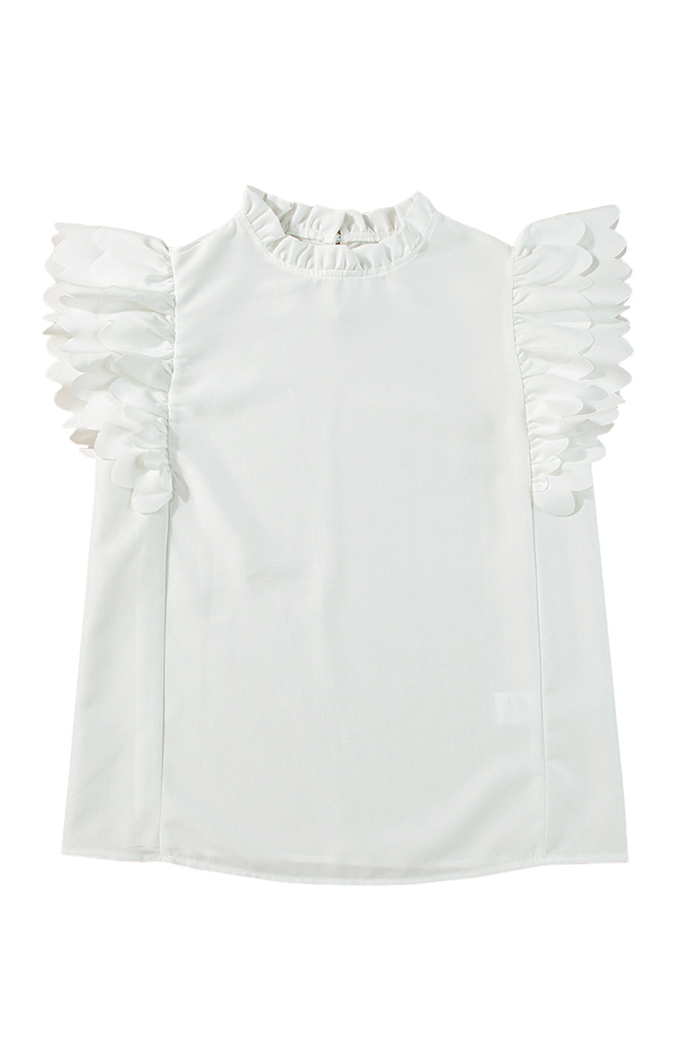 White Solid Color Scalloped Ruffle Sleeve Blouse