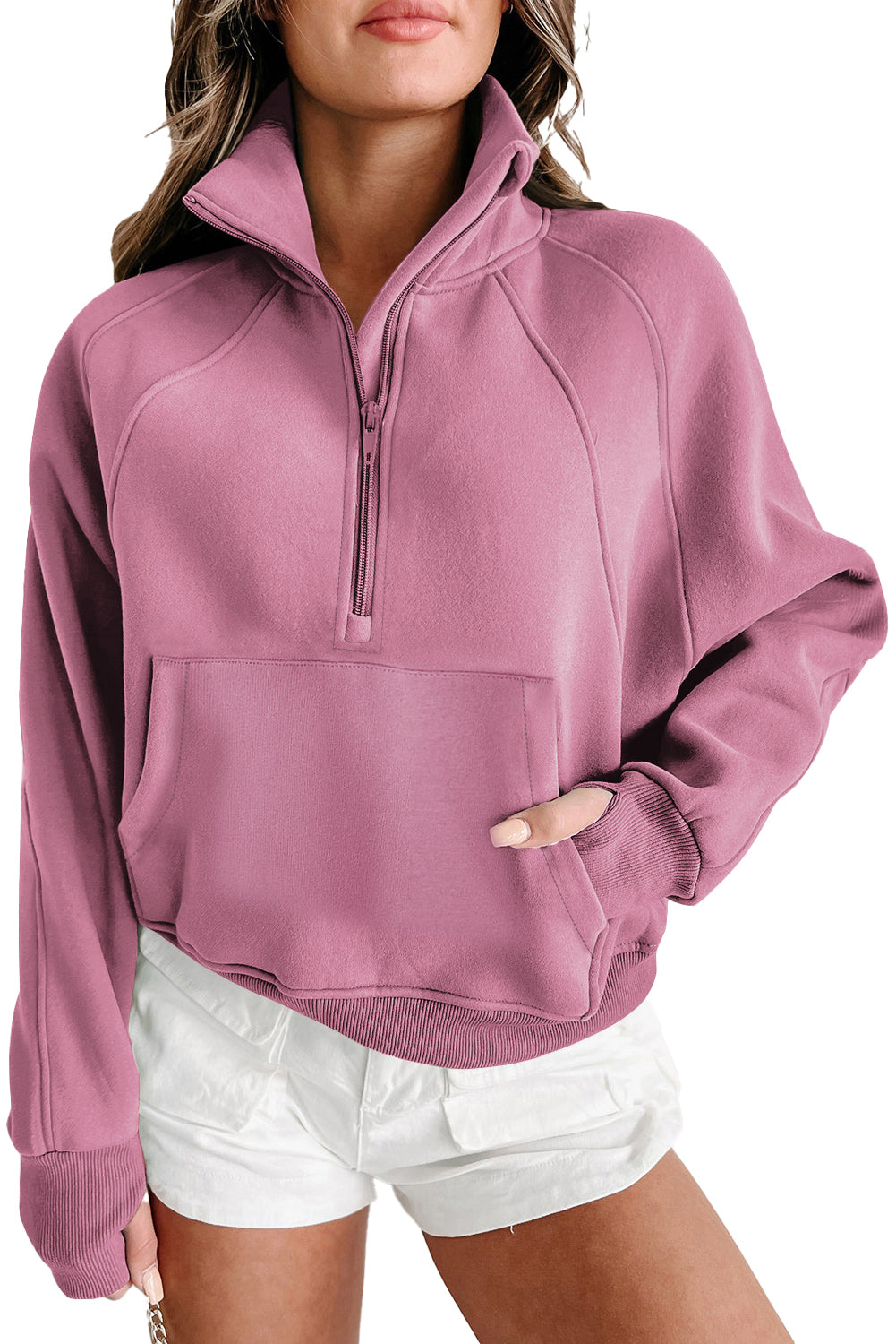 Bonbon Zip Up Stand Collar Ribbed Thumbhole Sleeve Sweatshirt