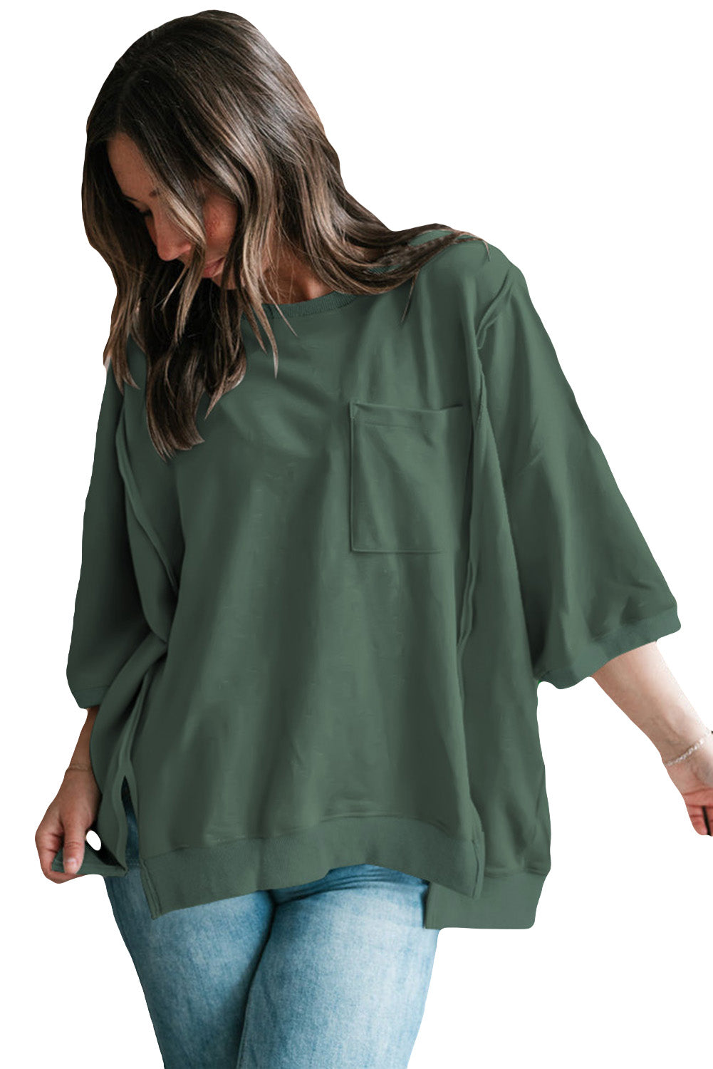 Bonbon Exposed Seam Pocket Side Split Loose T Shirt