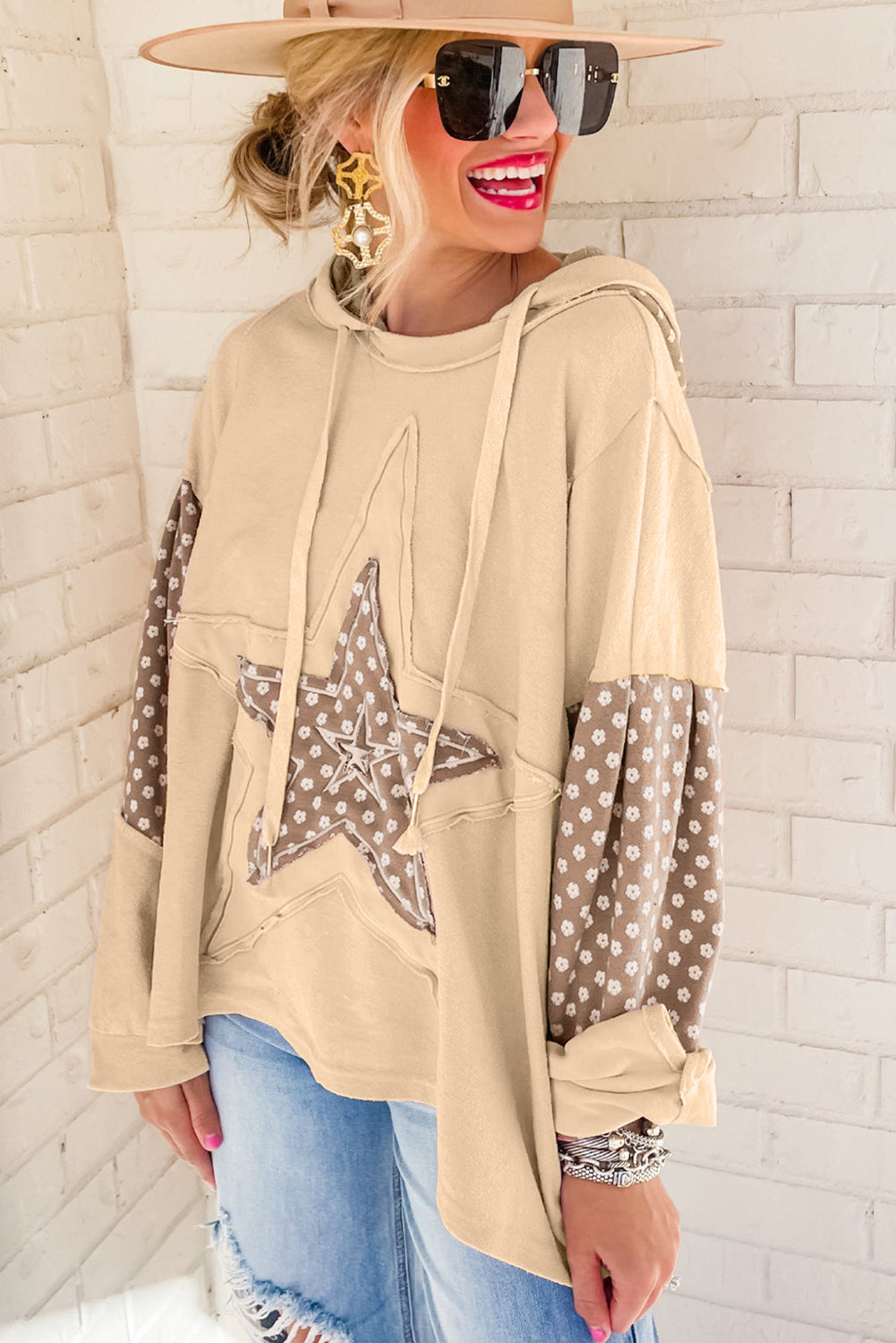 Apricot Floral Patchwork Star Pattern Drawstring Hoodie