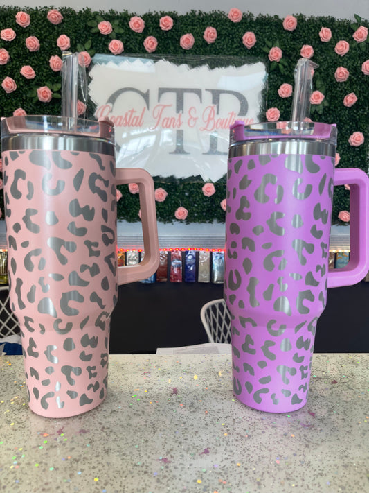 40oz insulated cup with handle leopard print